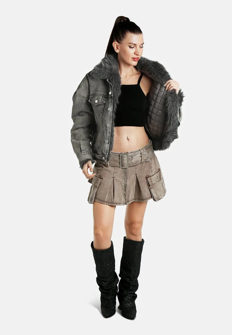 Faux Fur Collar Denim Jacket By RUW