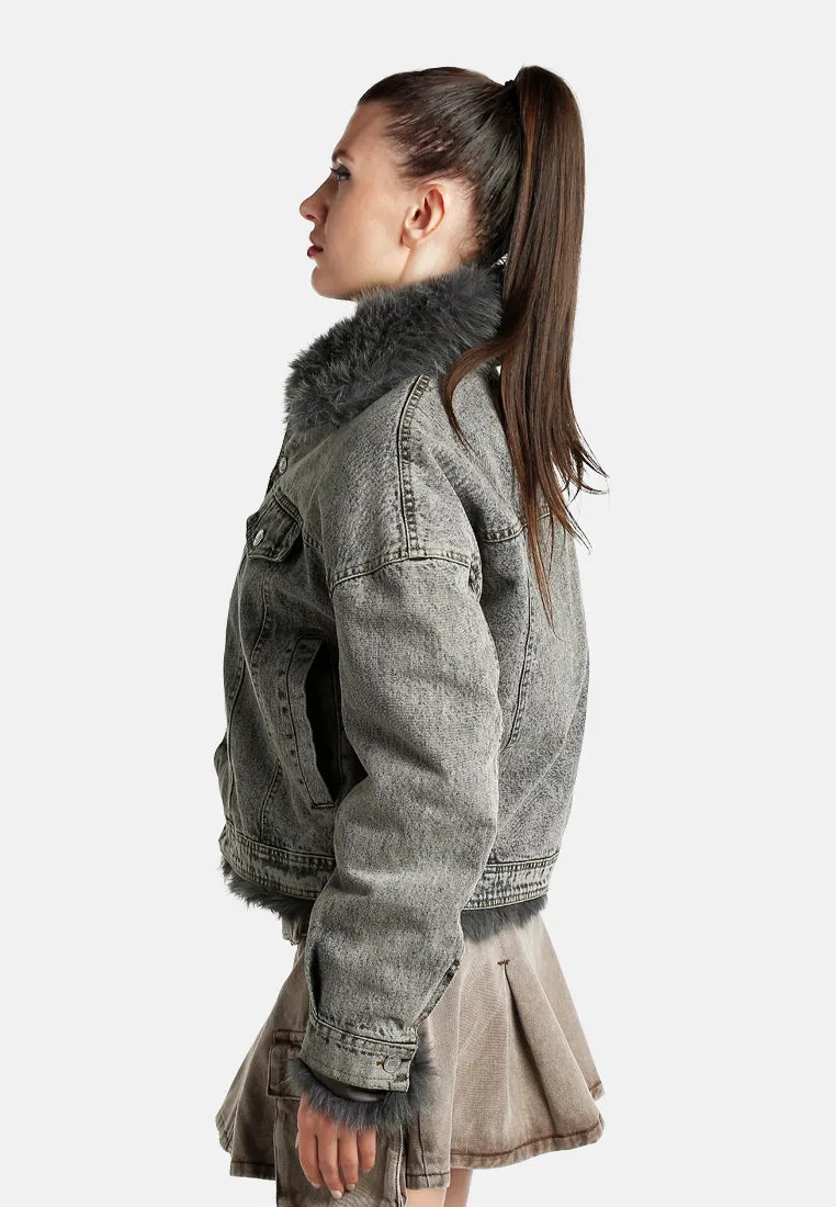 Faux Fur Collar Denim Jacket By RUW