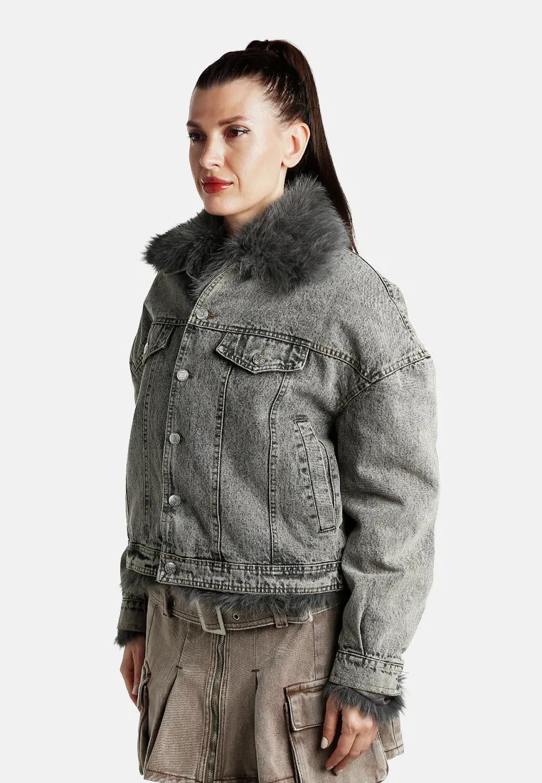 Faux Fur Collar Denim Jacket By RUW