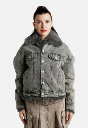 Faux Fur Collar Denim Jacket By RUW