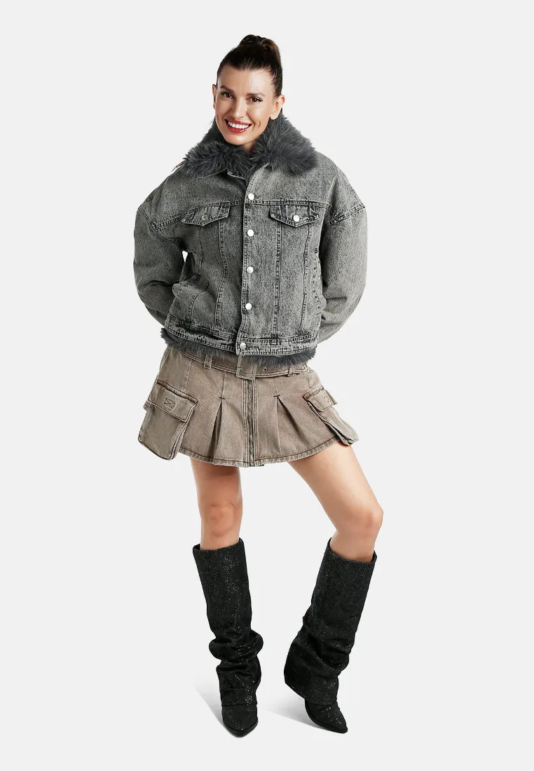 Faux Fur Collar Denim Jacket By RUW