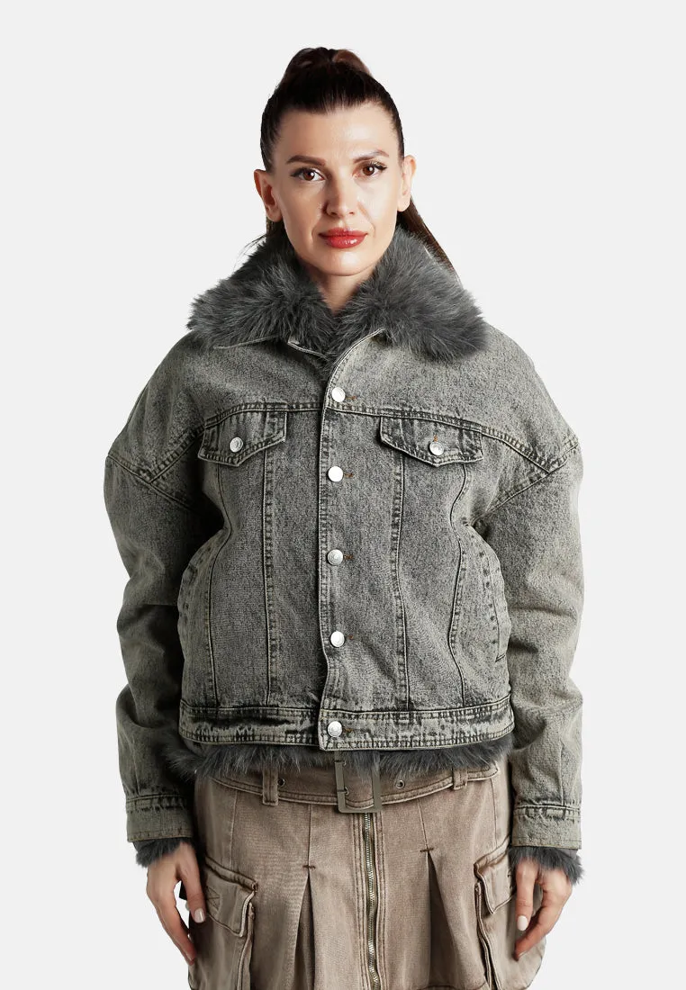 Faux Fur Collar Denim Jacket By RUW