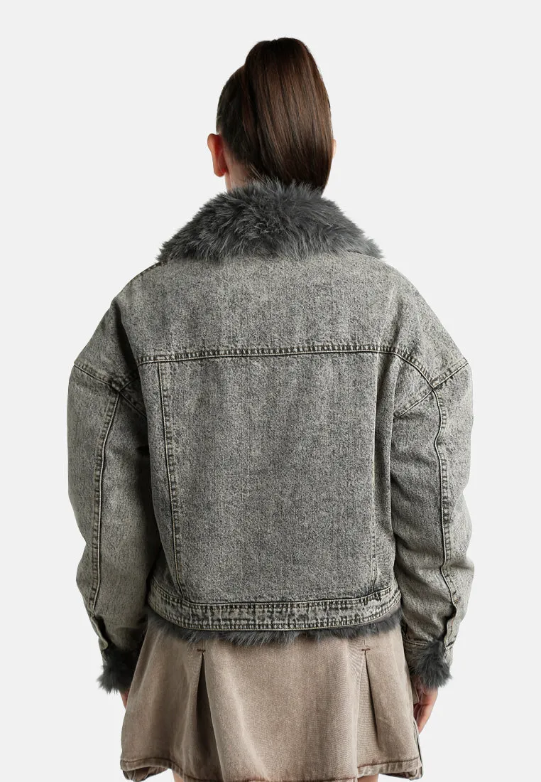 Faux Fur Collar Denim Jacket By RUW