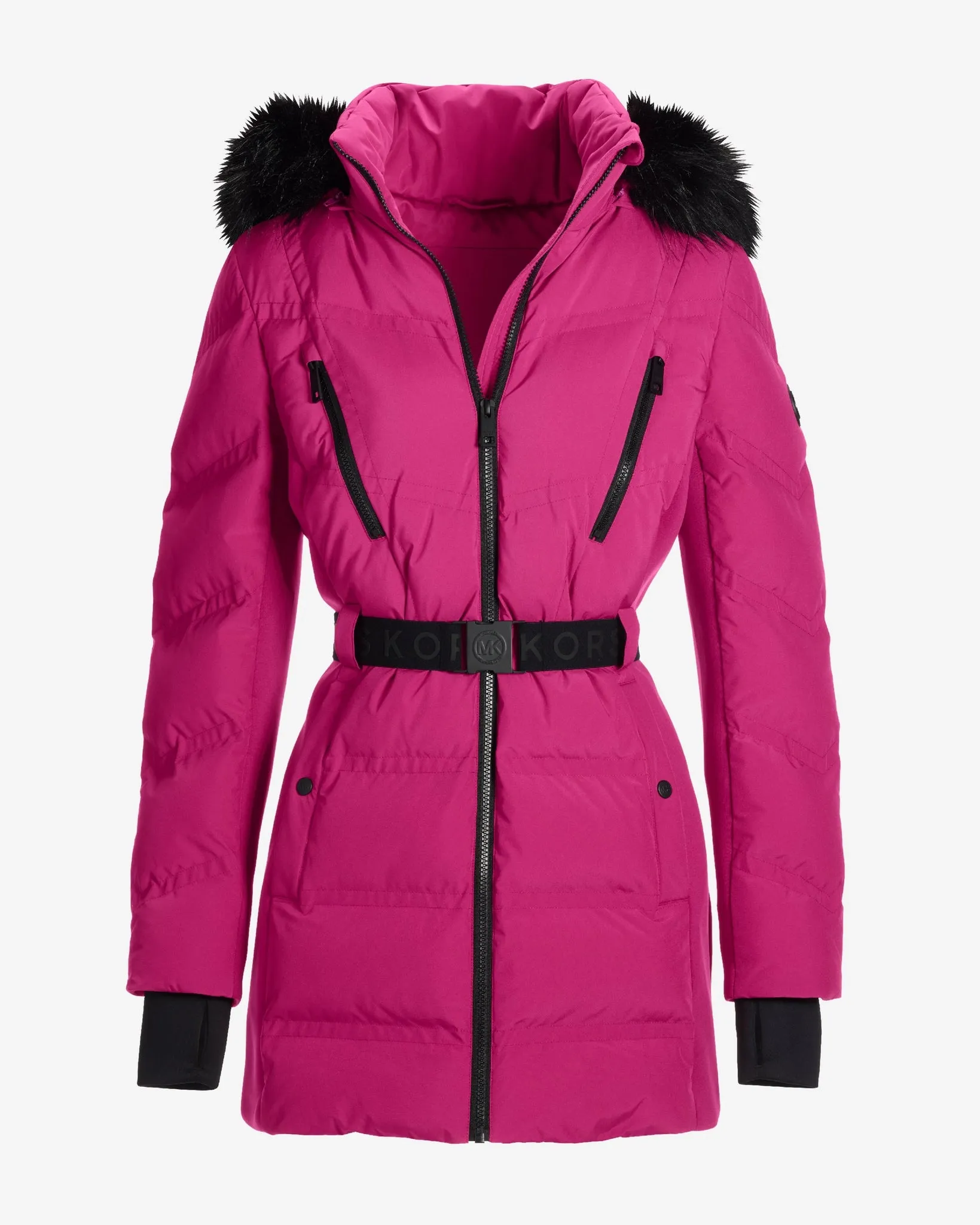 Faux Fur Trim Shaped Belted Puffer Jacket Fuchsia