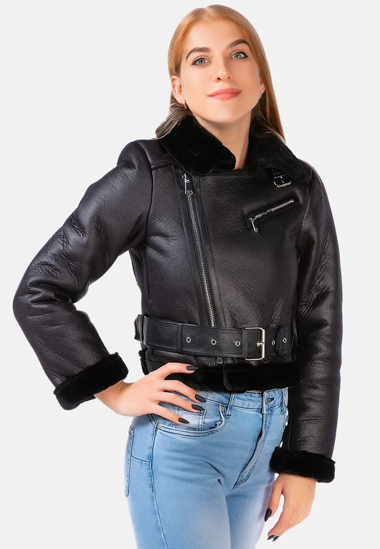 Faux Leather Fur Collared Biker Jacket