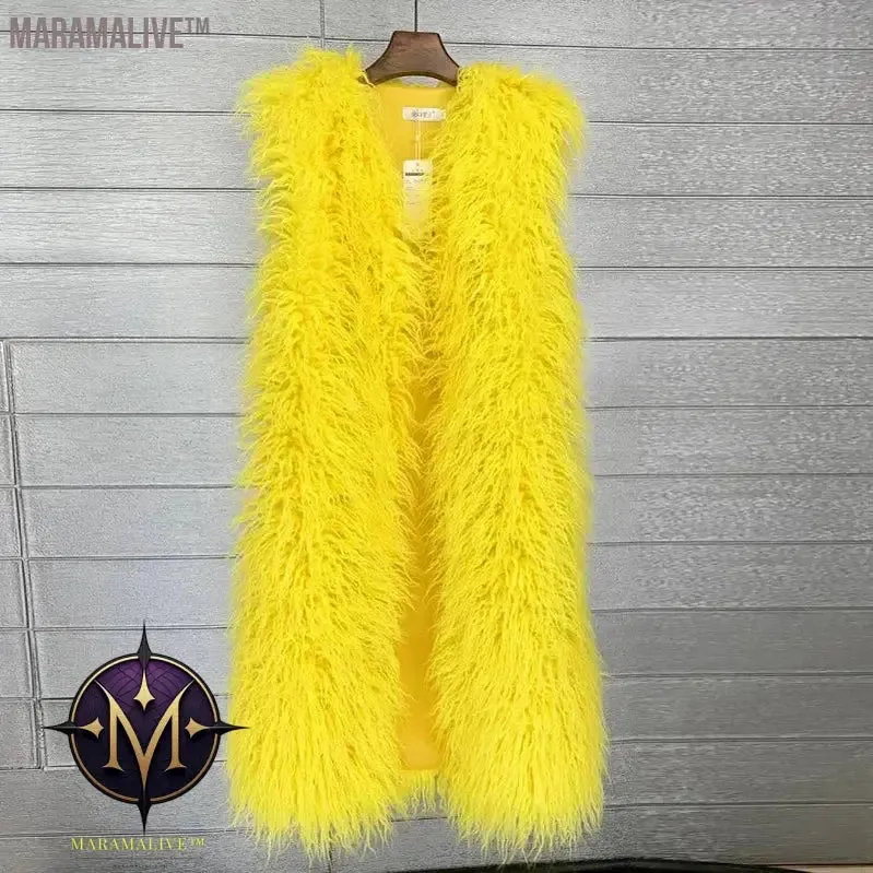 Faux Mongolia Sheep Fur Women Long Vest Colorful Warm Faux Fur Big Size Plush Coats Female Jacket Autumn Winter Furry Outerwear