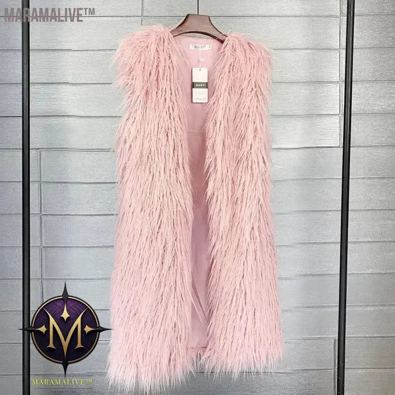 Faux Mongolia Sheep Fur Women Long Vest Colorful Warm Faux Fur Big Size Plush Coats Female Jacket Autumn Winter Furry Outerwear