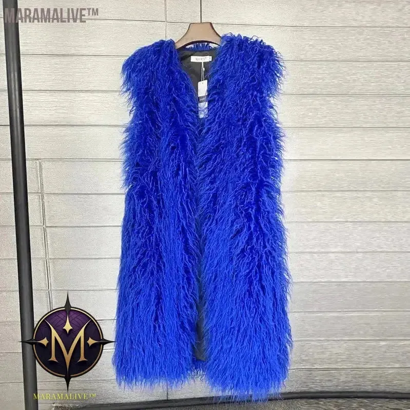Faux Mongolia Sheep Fur Women Long Vest Colorful Warm Faux Fur Big Size Plush Coats Female Jacket Autumn Winter Furry Outerwear