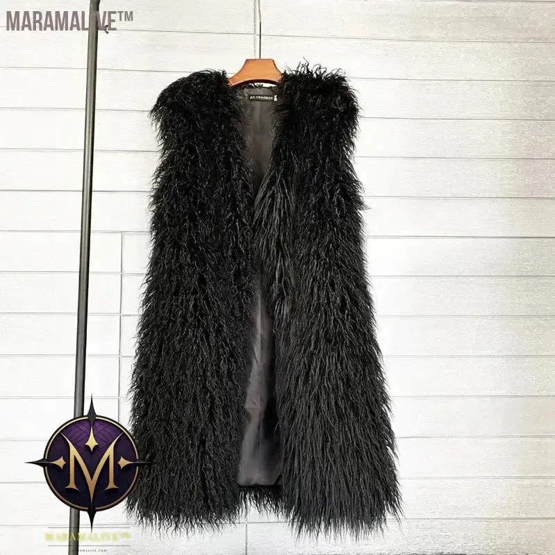 Faux Mongolia Sheep Fur Women Long Vest Colorful Warm Faux Fur Big Size Plush Coats Female Jacket Autumn Winter Furry Outerwear