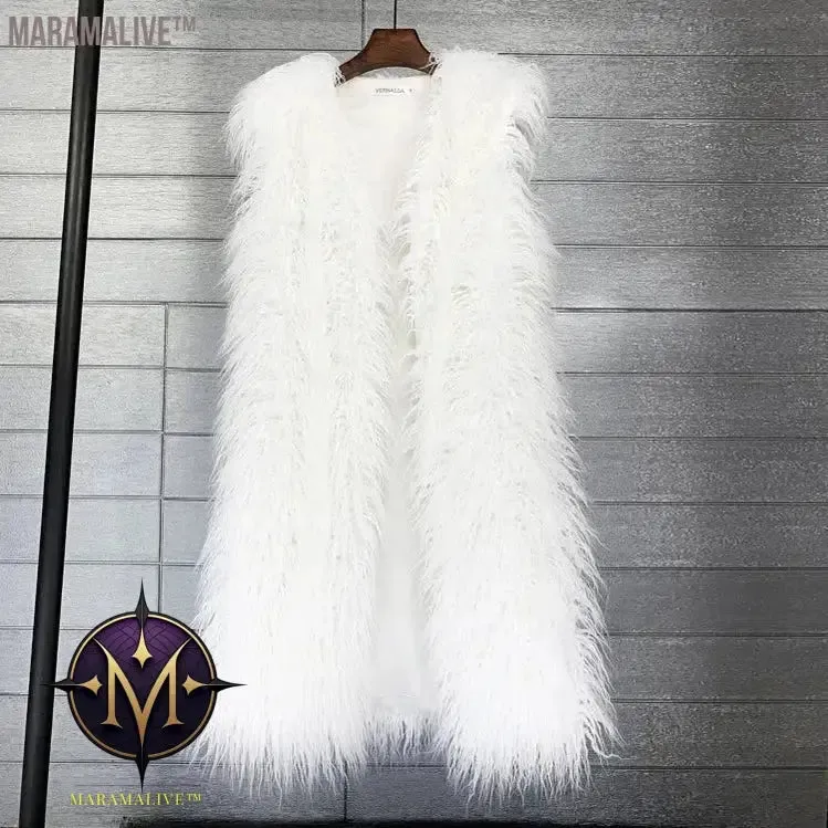 Faux Mongolia Sheep Fur Women Long Vest Colorful Warm Faux Fur Big Size Plush Coats Female Jacket Autumn Winter Furry Outerwear