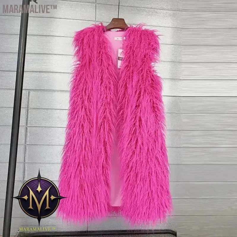 Faux Mongolia Sheep Fur Women Long Vest Colorful Warm Faux Fur Big Size Plush Coats Female Jacket Autumn Winter Furry Outerwear