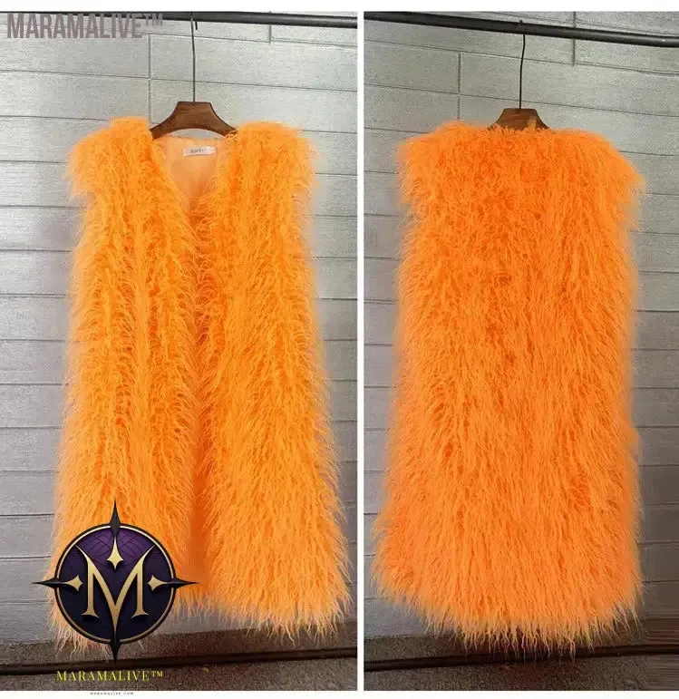 Faux Mongolia Sheep Fur Women Long Vest Colorful Warm Faux Fur Big Size Plush Coats Female Jacket Autumn Winter Furry Outerwear