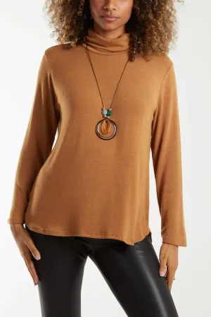 Fine Knit Roll Neck Jumper w/ Necklace