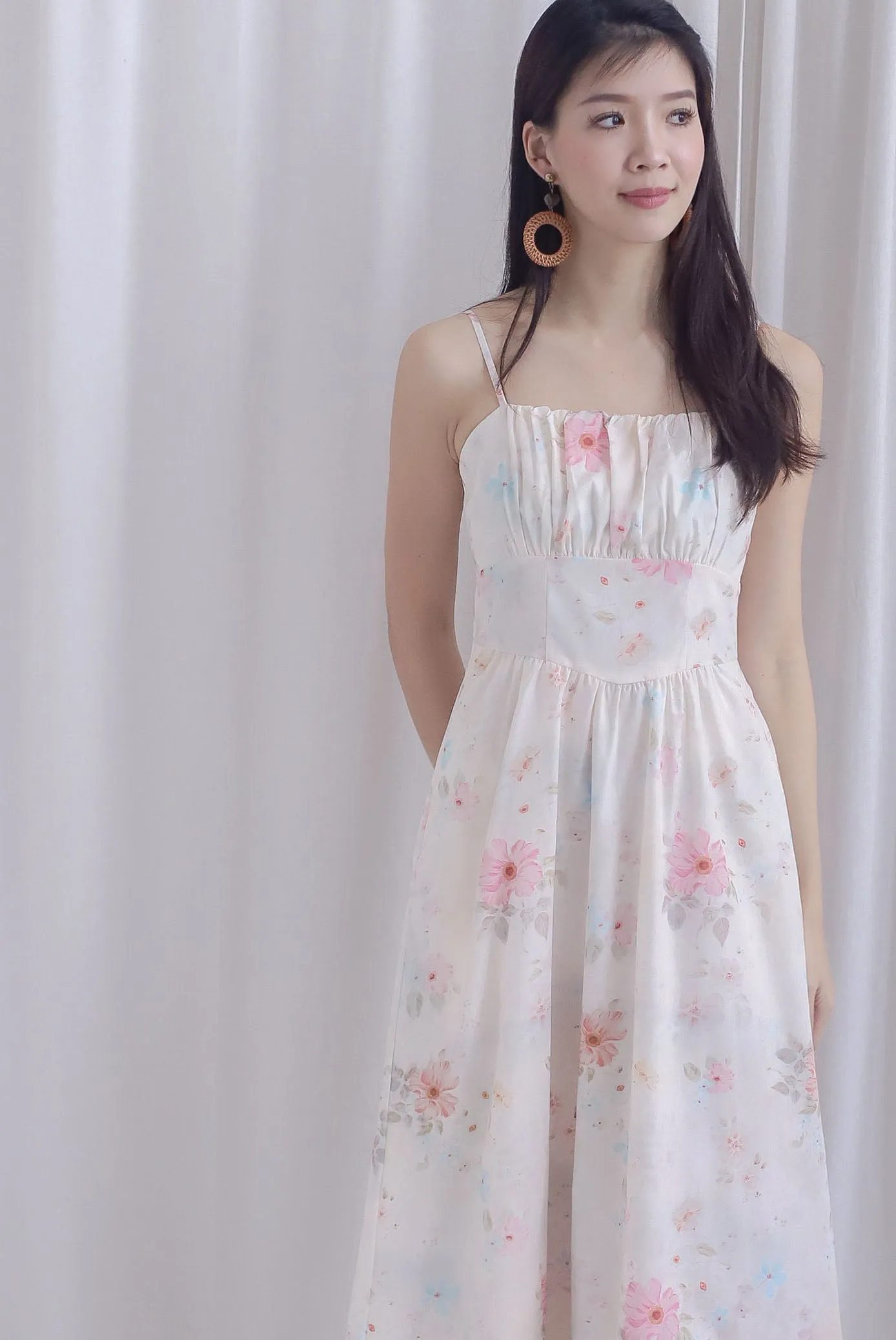 Finnley Floral Empire Waist Spaghetti Dress In Cream Pink