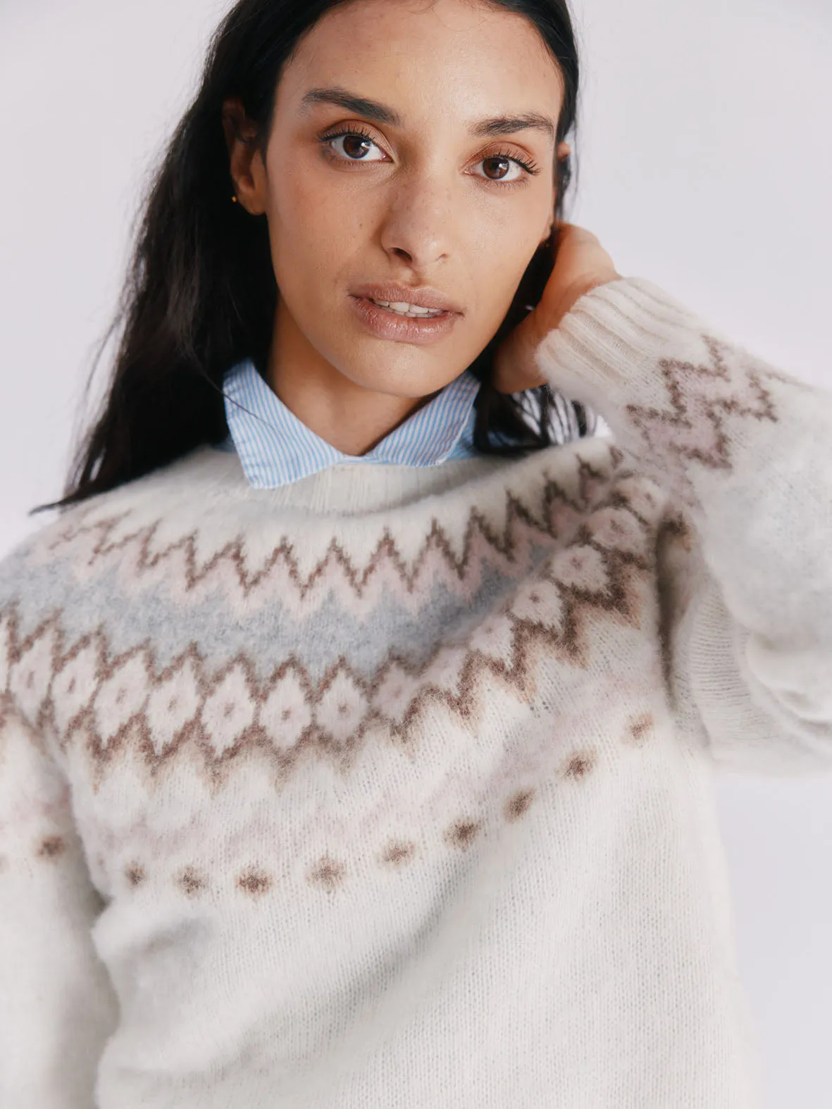 Fjord Yoke Brushed Fair Isle Women's Lambswool Sweater  - Winter White