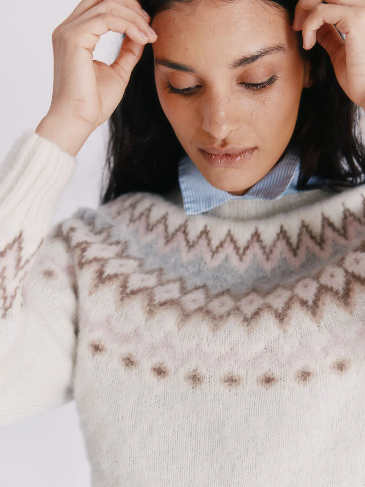 Fjord Yoke Brushed Fair Isle Women's Lambswool Sweater  - Winter White