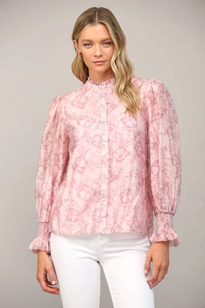 FLORAL PRINT TENCEL BLEND FABRIC RUFFLE NECK BLOUSE FT20178 : Pink / S