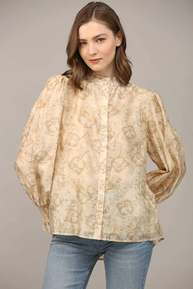 FLORAL PRINT TENCEL BLEND FABRIC RUFFLE NECK BLOUSE FT20178 : Pink / S