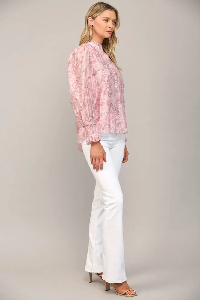 FLORAL PRINT TENCEL BLEND FABRIC RUFFLE NECK BLOUSE FT20178 : Pink / S