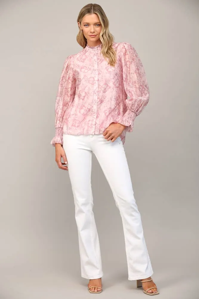 FLORAL PRINT TENCEL BLEND FABRIC RUFFLE NECK BLOUSE FT20178 : Pink / S