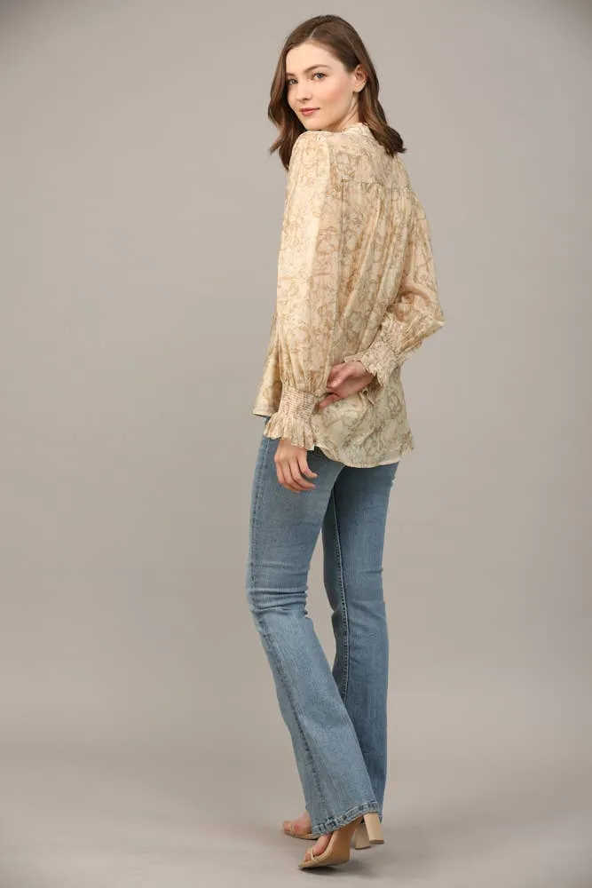 FLORAL PRINT TENCEL BLEND FABRIC RUFFLE NECK BLOUSE FT20178 : Pink / S