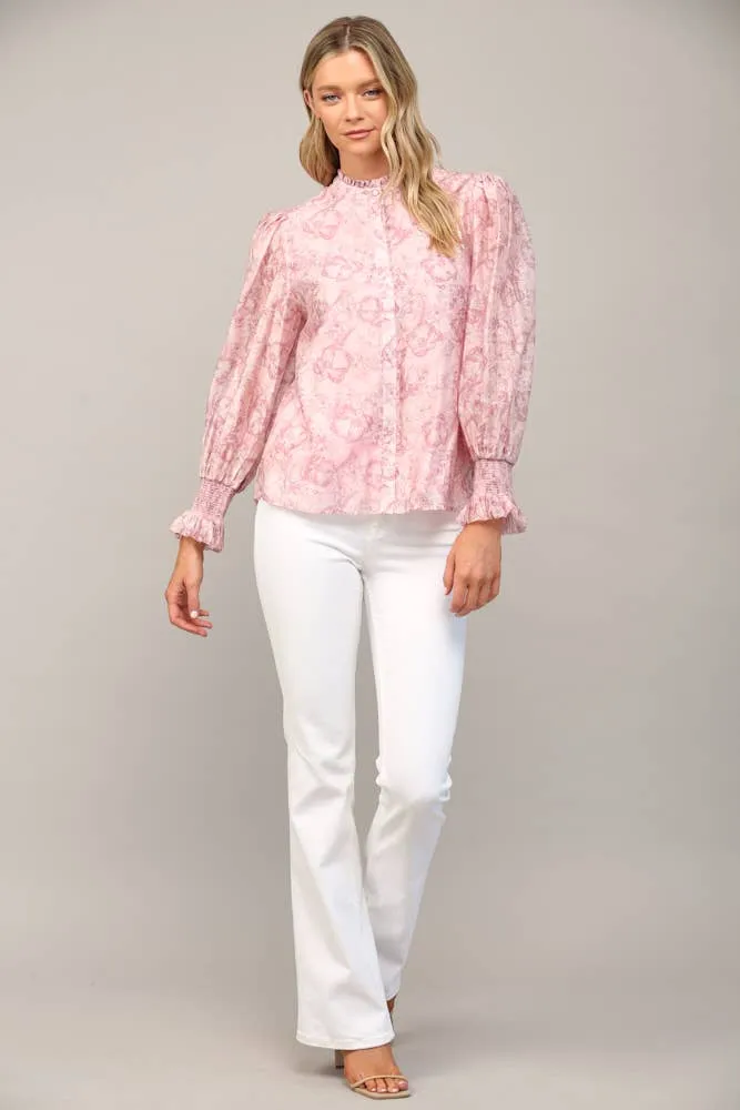 FLORAL PRINT TENCEL BLEND FABRIC RUFFLE NECK BLOUSE FT20178 : Pink / S