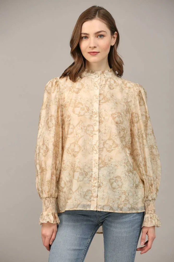 FLORAL PRINT TENCEL BLEND FABRIC RUFFLE NECK BLOUSE FT20178 : Pink / S