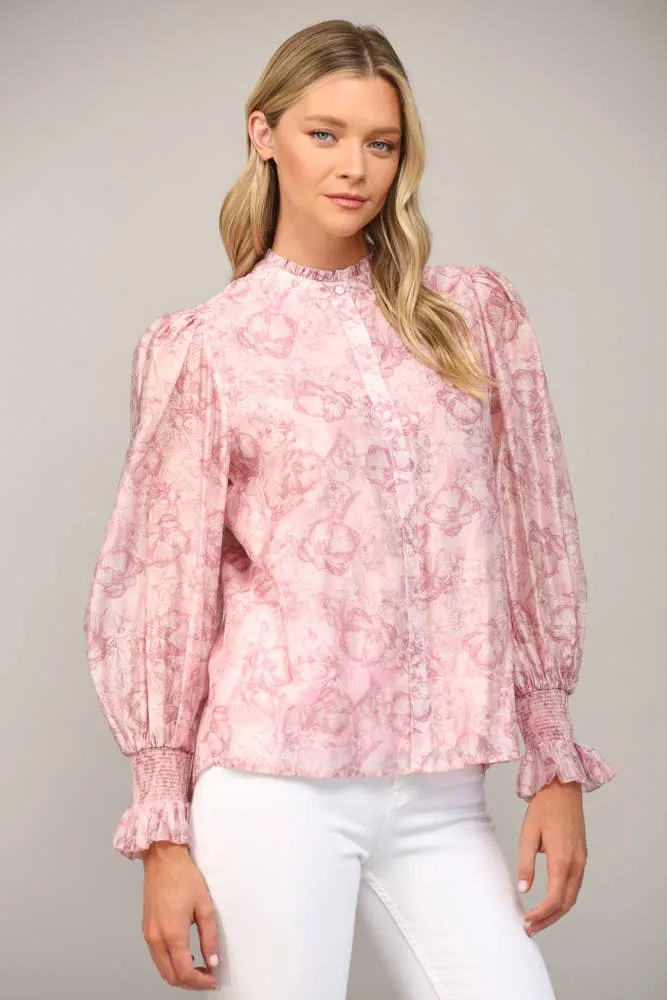 FLORAL PRINT TENCEL BLEND FABRIC RUFFLE NECK BLOUSE FT20178 : Pink / S