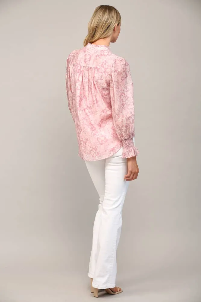 FLORAL PRINT TENCEL BLEND FABRIC RUFFLE NECK BLOUSE FT20178 : Pink / S