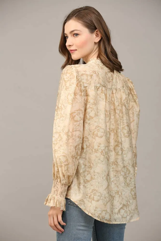 FLORAL PRINT TENCEL BLEND FABRIC RUFFLE NECK BLOUSE FT20178 : Pink / S