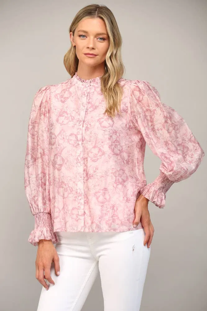 FLORAL PRINT TENCEL BLEND FABRIC RUFFLE NECK BLOUSE FT20178 : Pink / S