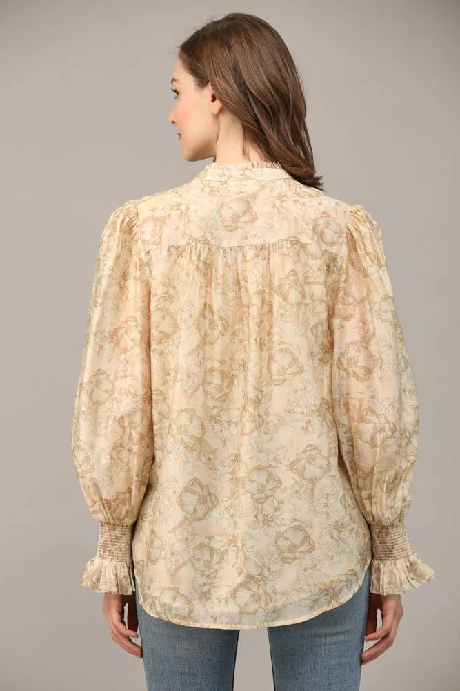 FLORAL PRINT TENCEL BLEND FABRIC RUFFLE NECK BLOUSE FT20178 : Pink / S