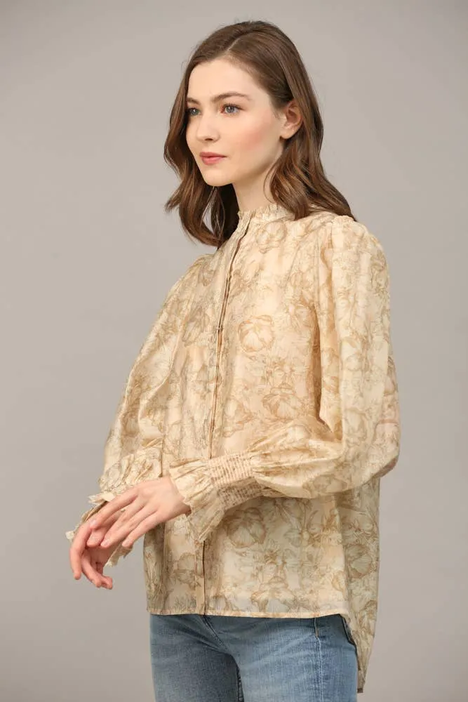 FLORAL PRINT TENCEL BLEND FABRIC RUFFLE NECK BLOUSE FT20178 : Pink / S