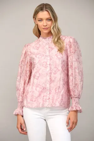 FLORAL PRINT TENCEL BLEND FABRIC RUFFLE NECK BLOUSE FT20178 : Pink / S