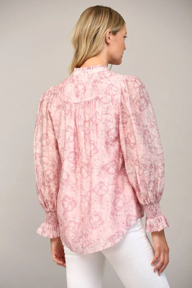FLORAL PRINT TENCEL BLEND FABRIC RUFFLE NECK BLOUSE FT20178 : Pink / S