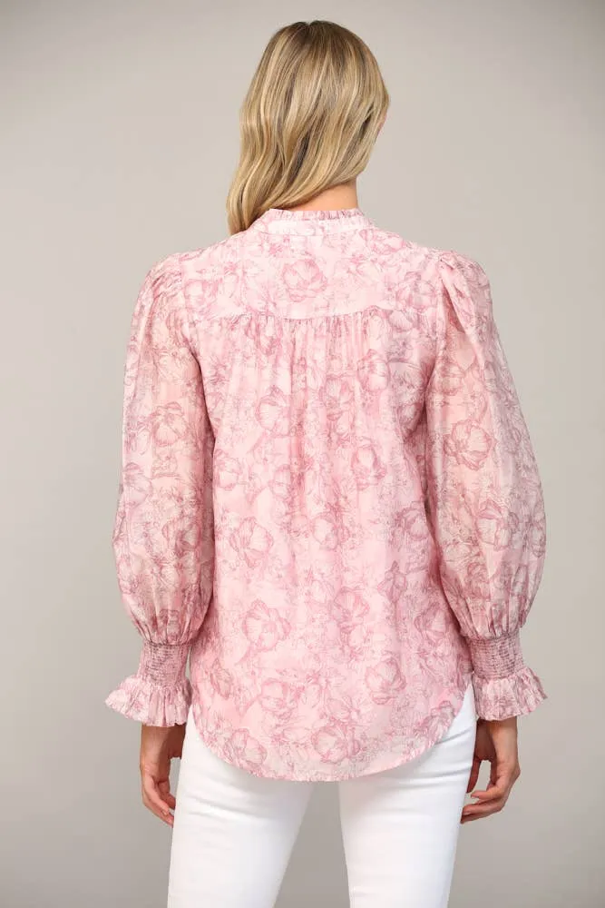 FLORAL PRINT TENCEL BLEND FABRIC RUFFLE NECK BLOUSE FT20178 : Pink / S