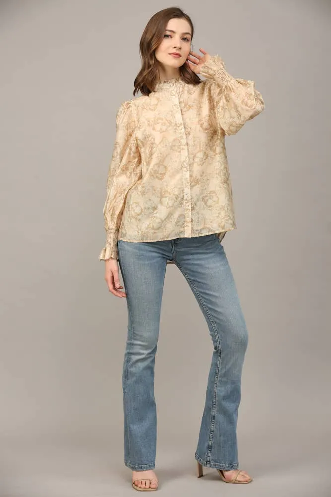 FLORAL PRINT TENCEL BLEND FABRIC RUFFLE NECK BLOUSE FT20178 : Pink / S