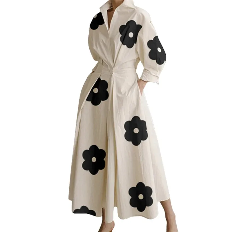 Floral Printed Lapel Pleated Party A-Line Dress