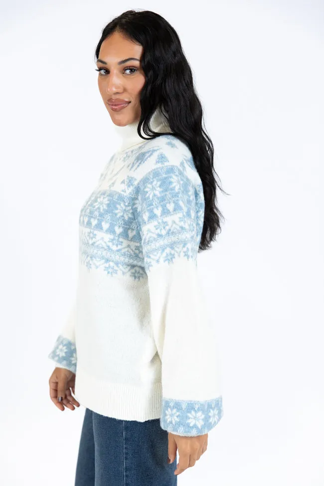 For The Best Ivory and Blue Ski Print Fair Isle Turtleneck Sweater FINAL SALE