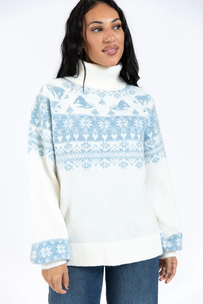 For The Best Ivory and Blue Ski Print Fair Isle Turtleneck Sweater FINAL SALE