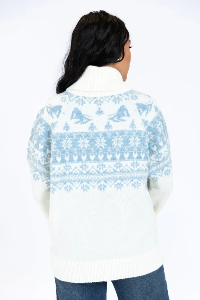 For The Best Ivory and Blue Ski Print Fair Isle Turtleneck Sweater FINAL SALE