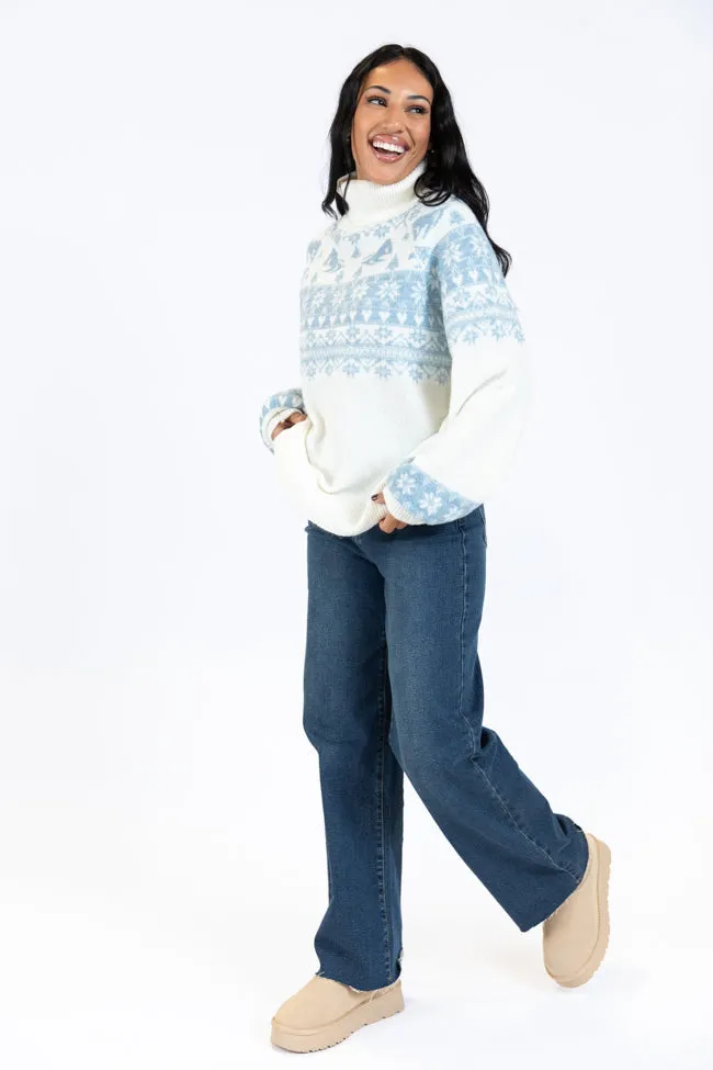 For The Best Ivory and Blue Ski Print Fair Isle Turtleneck Sweater FINAL SALE