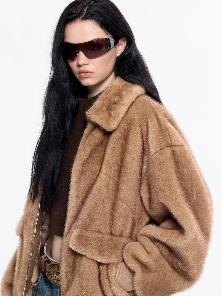 Funnel Neck Faux Fur Coat