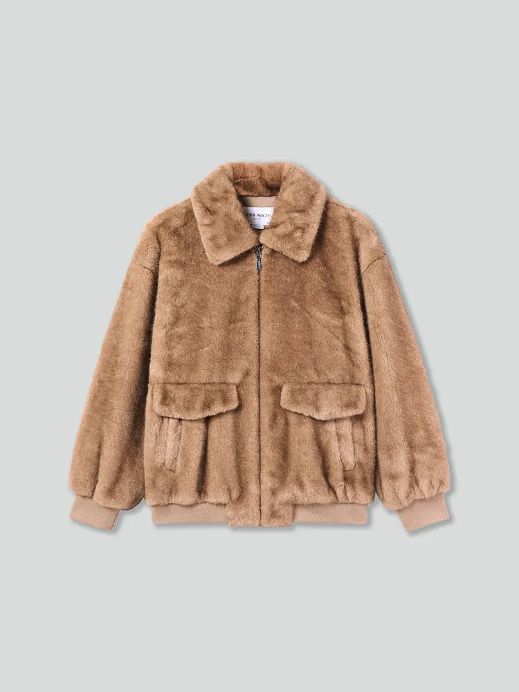 Funnel Neck Faux Fur Coat