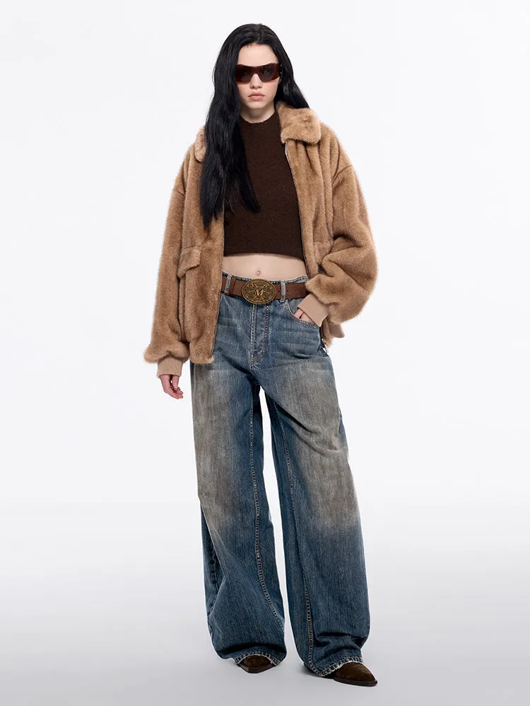 Funnel Neck Faux Fur Coat