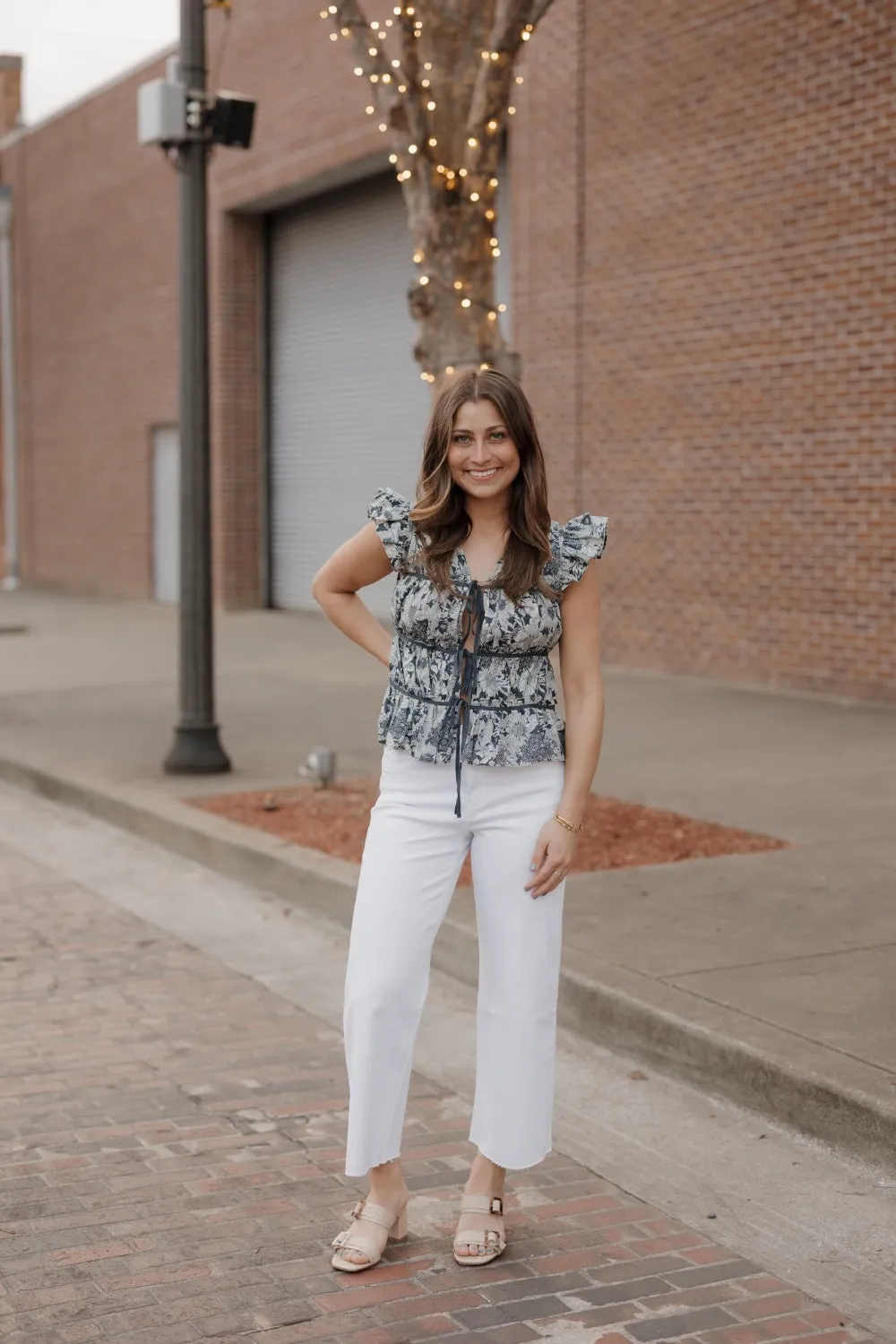 Gina Navy Grosgrain Trim Peplum Top