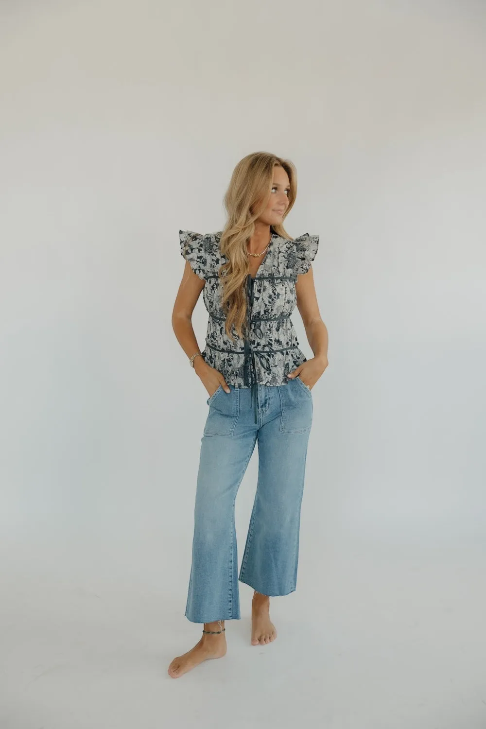 Gina Navy Grosgrain Trim Peplum Top