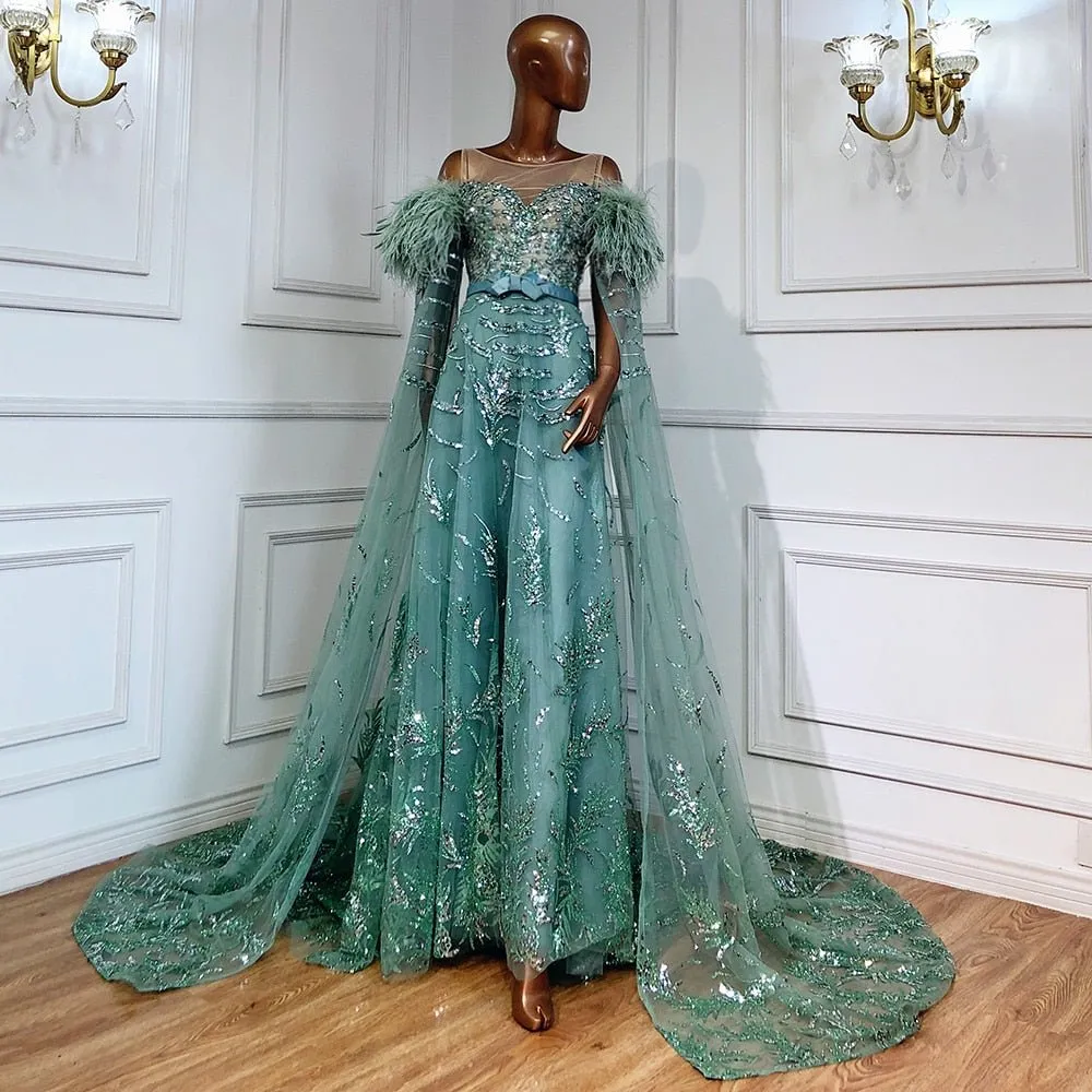Green Capes Sleeves Luxury Evening Dresses Gowns Beaded Feather