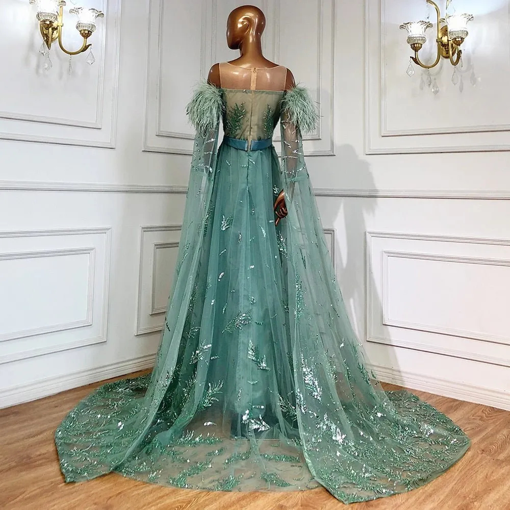 Green Capes Sleeves Luxury Evening Dresses Gowns Beaded Feather