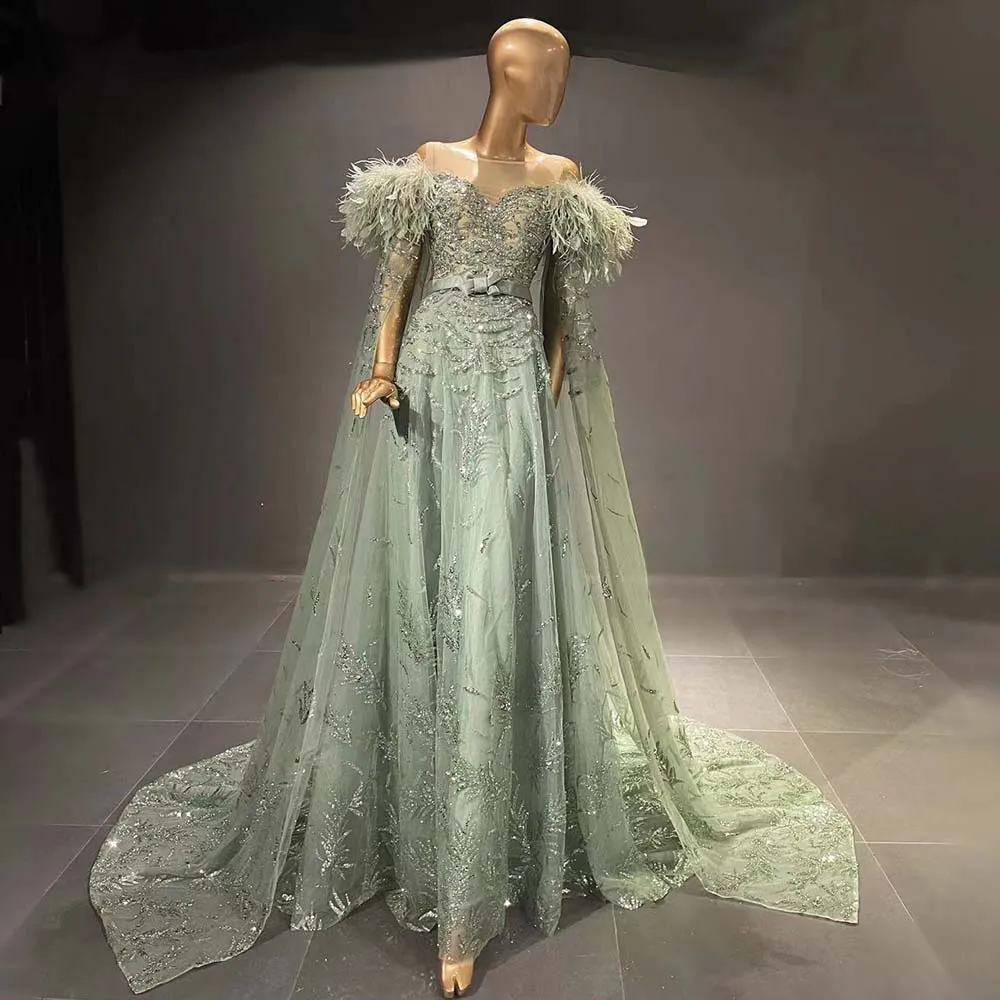 Green Capes Sleeves Luxury Evening Dresses Gowns Beaded Feather